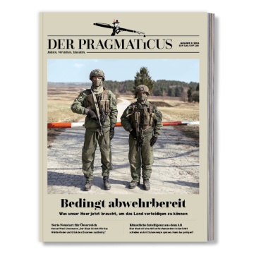 Magazincover „Der Pragmaticus“: Zwei bewaffnete Soldaten in Schutzkleidung stehen an einer Straßensperre; Titelthema „Bedingt abwehrbereit“.